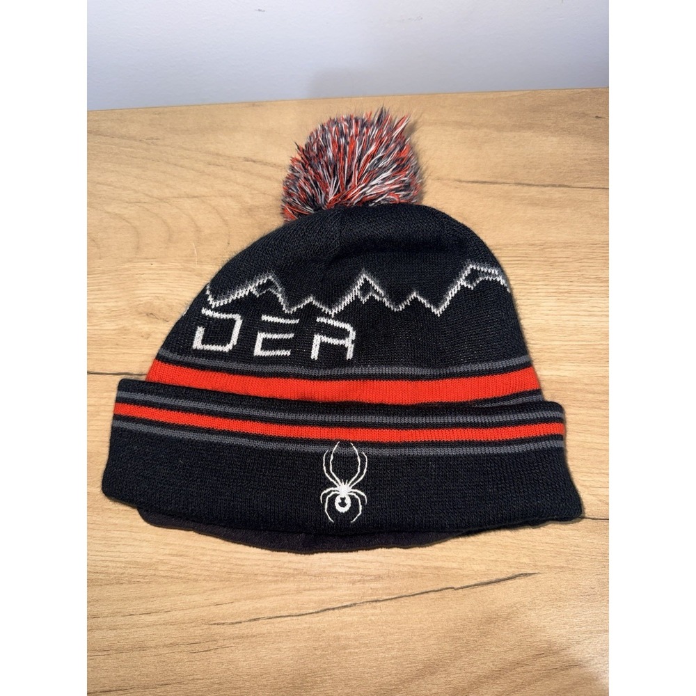Spyder Skis Beanie Hat Cap OFSM Adult Black‎  Knit Cuff Pom  Spellout Logo U